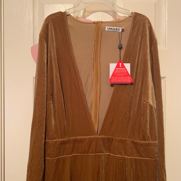 Marigold/ Mustard Velvet/ Velour Plunge Deep V-Neck JumpSuit - Picture 8 of 8